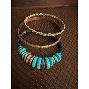 3 Bracelet Set Gold tone Blue Accents Women's Western Boho Jewelry‎